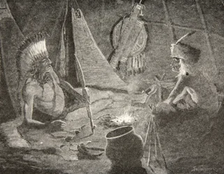 Dalla sua borsa tirò fuori la pipa della pace,... La diede al suo ospite, lo straniero, da Il canto di Hiawatha di Henry Wadsworth Longfellow (1807-82), pub. da George G. Harrap und Company Ltd., 1911